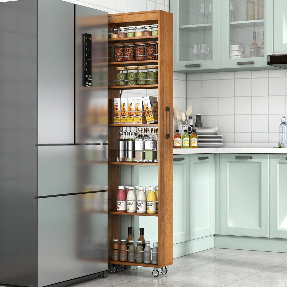 English Elm 7 Tier Rolling Slim Pull Out Pantry Organizer Cart for Kitchen and Narrow Gaps Oak W331P427516