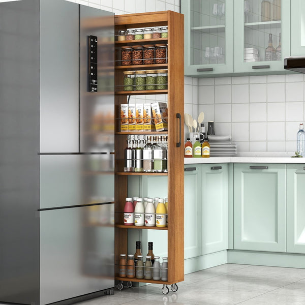English Elm 7 Tier Rolling Slim Pull Out Pantry Organizer Cart for Kitchen and Narrow Gaps Oak W331P427516