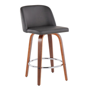 English Elm Toriano Mid-Century Modern Counter Stools - Set Of 2 With Walnut Wood, Grey Faux Leather & Chrome Footrest B202S00444-GIGA