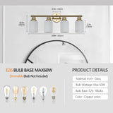 English Elm 4-Light Golden Bathroom Vanity Light Fixture, Frosted Glass Shades, Modern Wall Mounted Lighting (No Bulbs)