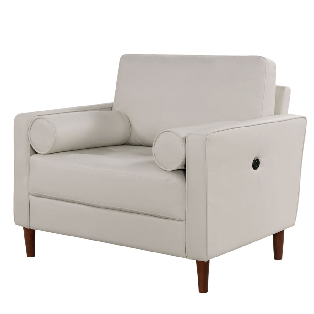English Elm Mid-Century Off-White Leatherette Chair with Tufted Bench Seat, Bolster Pillows & USB Outlet B011P203541