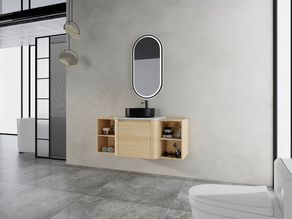 English Elm 48'' Wall-Mounted Bathroom Vanity With Elegant Ceramic Sink, Soft-Close Door & Ample Storage Shelves W999S00470