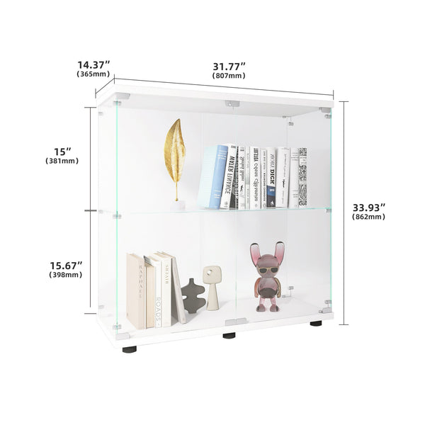 English Elm 2 Layer Glass Display Cabinet – Elegant Curio Showcase With Lock, Tempered Glass & Mdf Base For Collectibles W1510P303172