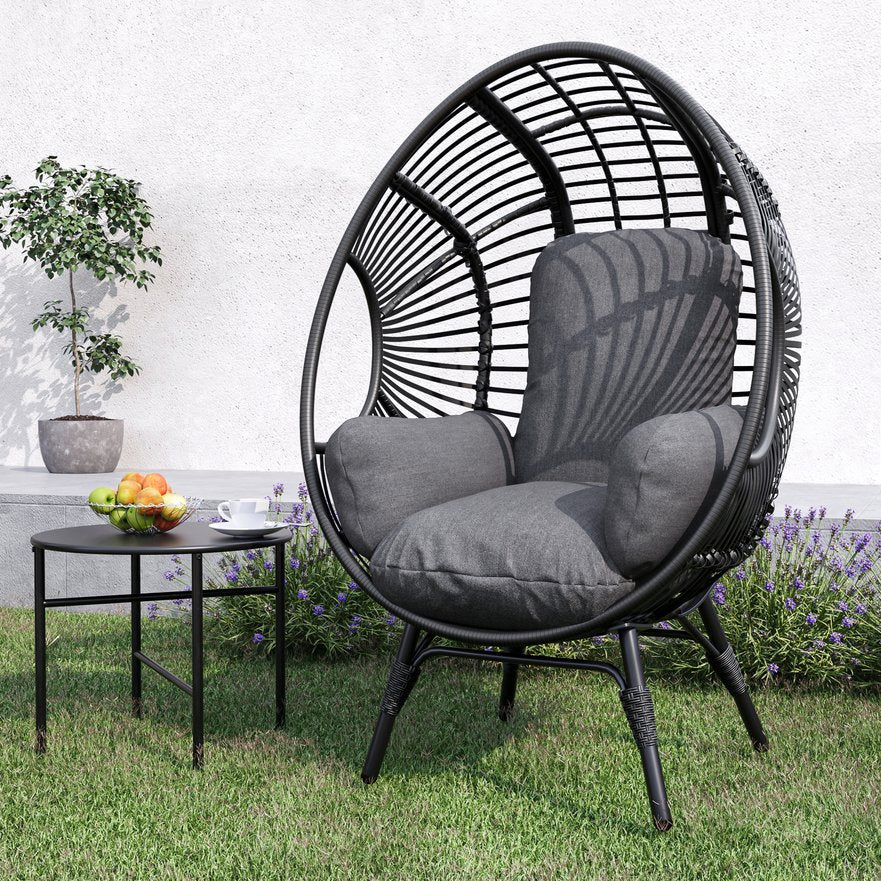 English Elm New PE Wicker Egg Chair with Ergonomic High-Front Low-Back Design, Weather-Resistant Rattan & Plush Cushion Comfort Black+ Gray W400P241060