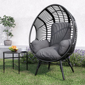 English Elm New PE Wicker Egg Chair with Ergonomic High-Front Low-Back Design, Weather-Resistant Rattan & Plush Cushion Comfort Black+ Gray W400P241060