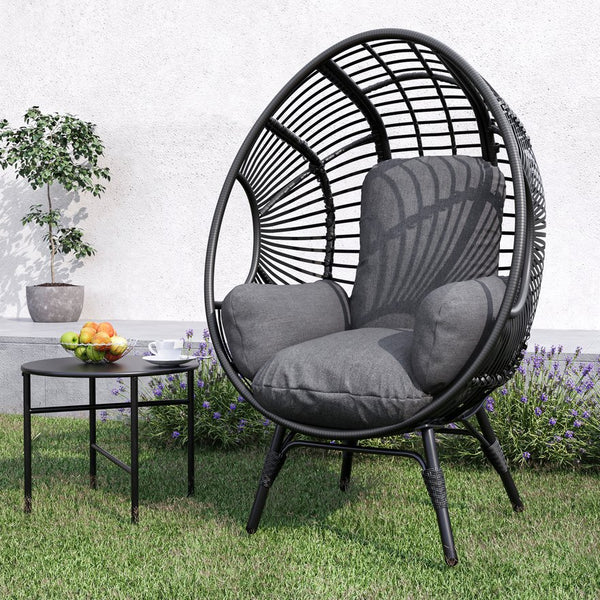English Elm New PE Wicker Egg Chair with Ergonomic High-Front Low-Back Design, Weather-Resistant Rattan & Plush Cushion Comfort Black+ Gray W400P241060