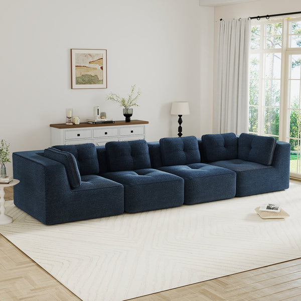 English Elm Modern Corduroy Sectional Sofa Tufted Four Seat Modular Design with Deep Cushions Blue W714S01804