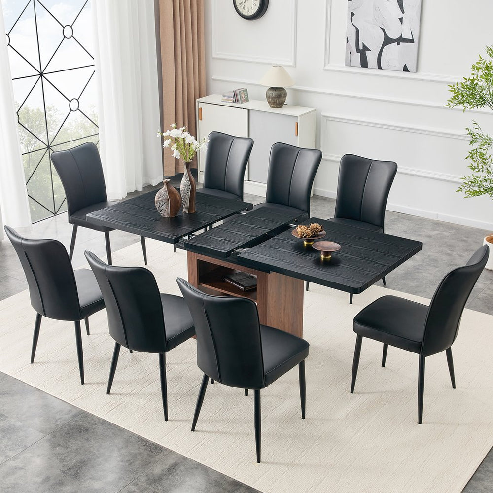 English Elm Expandable Dining Set Seats Eight with Black Pu Chairs and Wood Grain Extendable Table W1151S04704