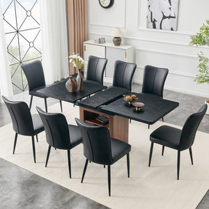English Elm Expandable Dining Set Seats Eight with Black Pu Chairs and Wood Grain Extendable Table W1151S04704
