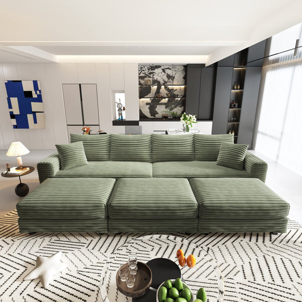 English Elm 102.4" Plush Corduroy 4-Seat Sofa - Modular Cloud Couch With Soft Pillows & Versatile Ottomans, Green W1885S00139
