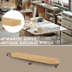 English Elm Fireplace Mantel 48" Solid Pine Floating Shelf - Handcrafted Rustic Wood Display For Home Décor T3210P391506