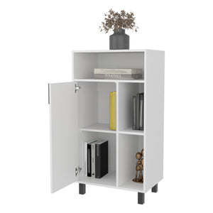 English Elm White Compact Cabinet with Open Shelf and Single Door, Crisp White Finish for Small Spaces, Versatile Storage Solution B062P323172