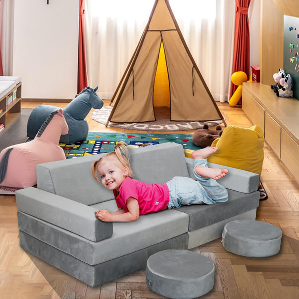 English Elm 10 Piece Modular Foam Play Couch Set Soft Frameless Sectional for Bedroom Playroom Light Gray T5880P493405