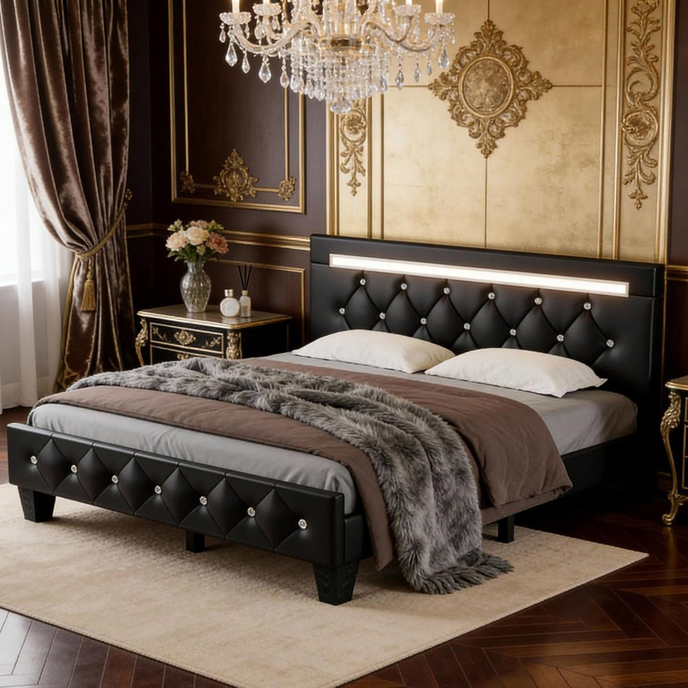 English Elm Queen Platform Bed Wingback Diamond Quilted Headboard Led Lighting Storage Drawers W5722P462498