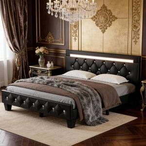 English Elm Queen Platform Bed Wingback Diamond Quilted Headboard Led Lighting Storage Drawers W5722P462498