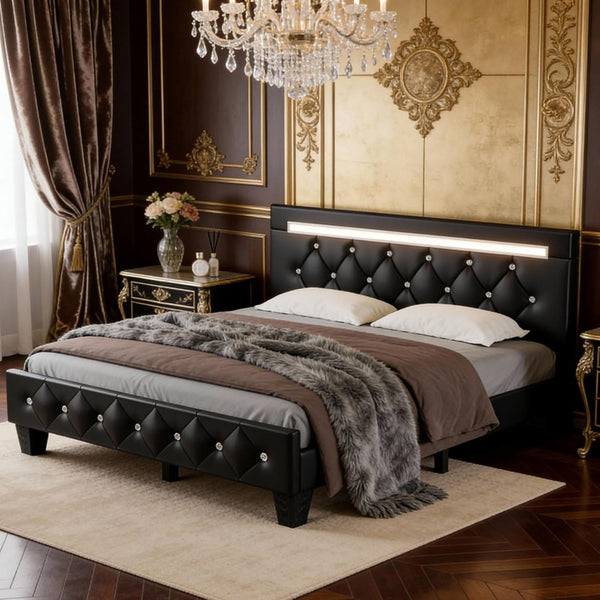 English Elm Queen Platform Bed Wingback Diamond Quilted Headboard Led Lighting Storage Drawers W5722P462498