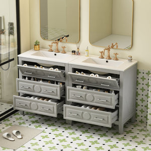 English Elm 60'' Freestanding Bathroom Vanity Set With Ceramic Sink, Gray Wood Frame & 3 Soft-Close Drawers N710SS00003E