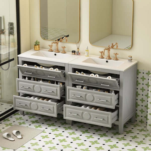 English Elm 60'' Freestanding Bathroom Vanity Set With Ceramic Sink, Gray Wood Frame & 3 Soft-Close Drawers N710SS00003E