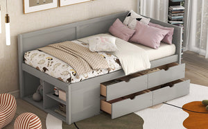 English Elm Twin Daybed with Two Pull Out Drawers and Open Shelves for Small Bedroom Storage Gray LP102022AAE