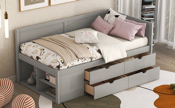 English Elm Twin Daybed with Two Pull Out Drawers and Open Shelves for Small Bedroom Storage Gray LP102022AAE
