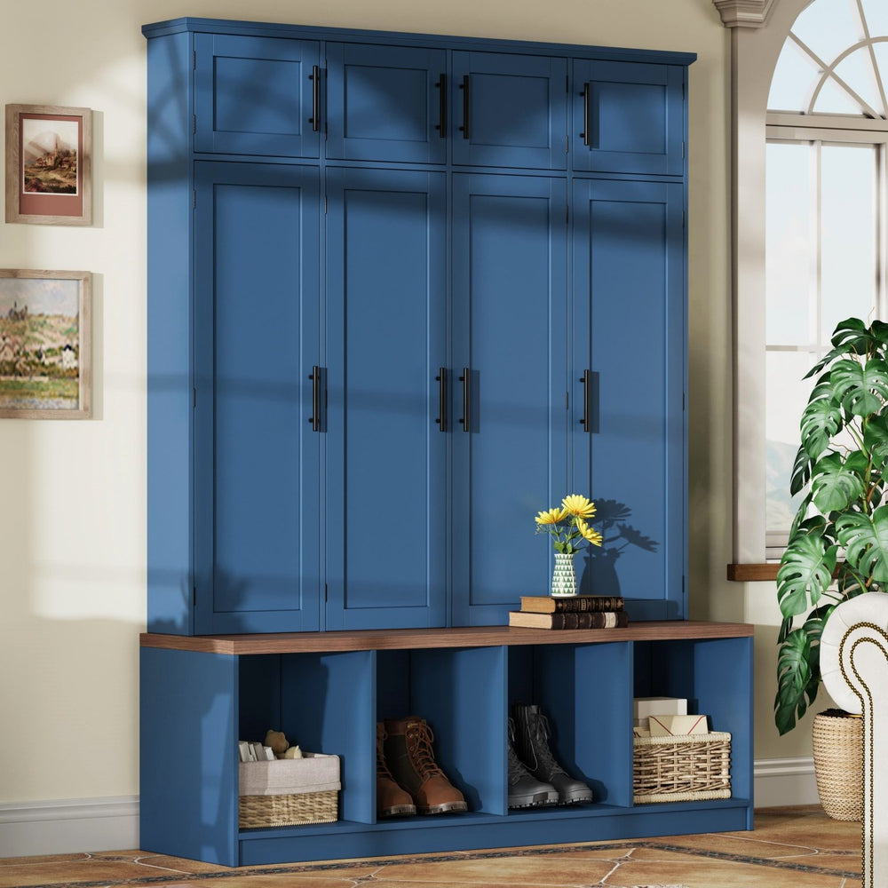 English Elm Farmhouse Hall Tree with Triple Arch Back Panel Eight Hooks Drawers and Entryway Bench Blue N721S000059C-1