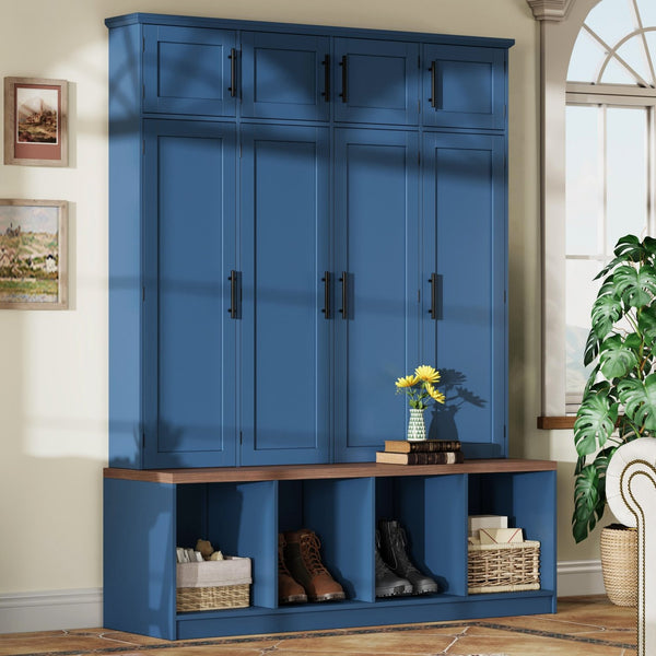 English Elm Farmhouse Hall Tree with Triple Arch Back Panel Eight Hooks Drawers and Entryway Bench Blue N721S000059C-1