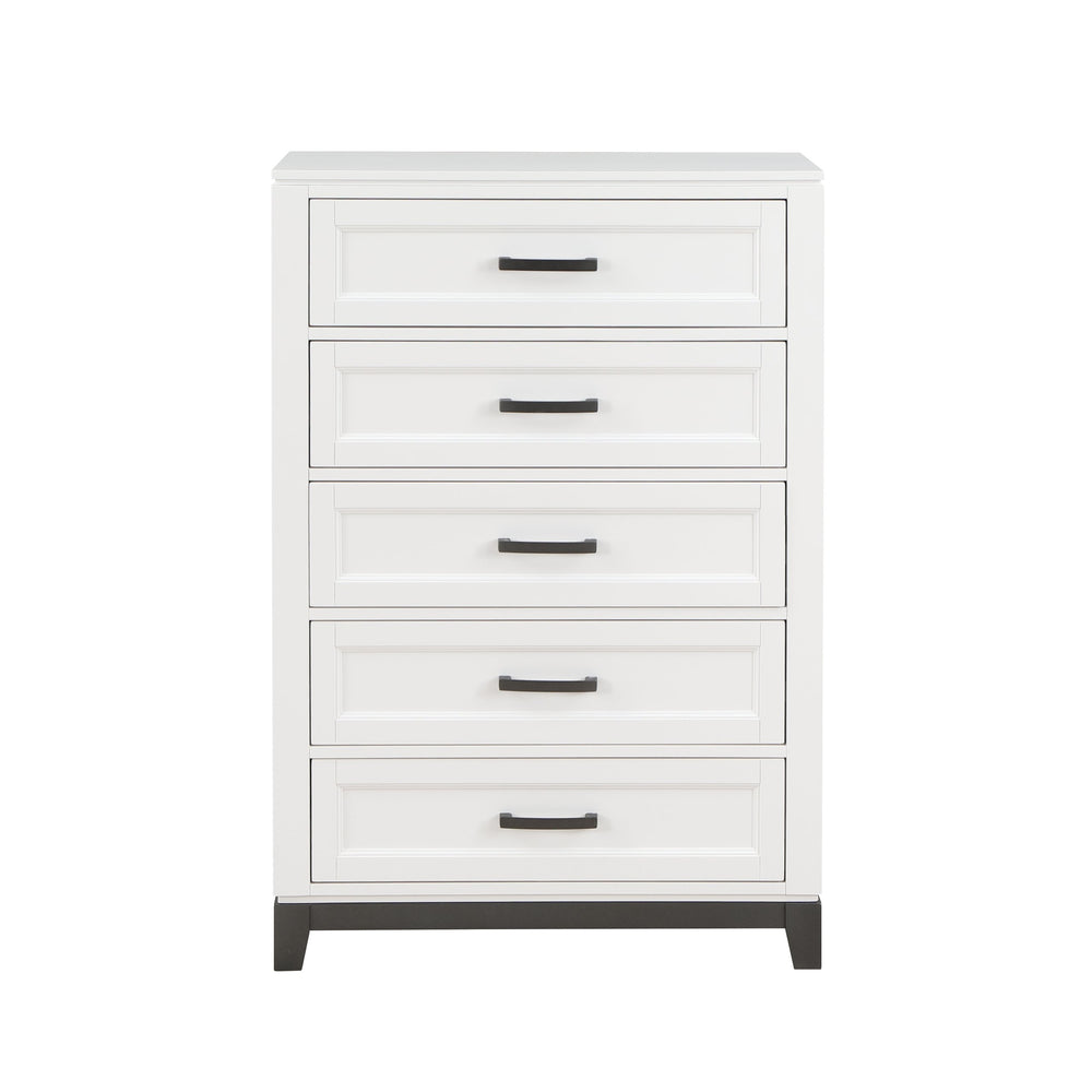 English Elm White Five Drawer Chest Solid Wood Farmhouse Bedroom Storage with Bar Pulls B011P270969
