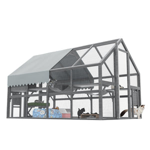 English Elm Cat, Cat Outdoor Wooden Enclosure with Seven Platforms Resting Boxes and Waterproof Canopy W1598S00040