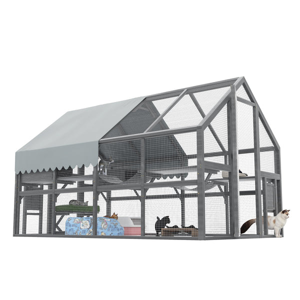 English Elm Cat, Cat Outdoor Wooden Enclosure with Seven Platforms Resting Boxes and Waterproof Canopy W1598S00040