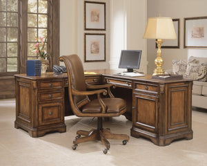 Hooker Furniture Brookhaven Distressed Cherry Executive L Right Return Desk — Hardwood, Locking Pedestal, Printer Tray, Cable Management 281-10-453