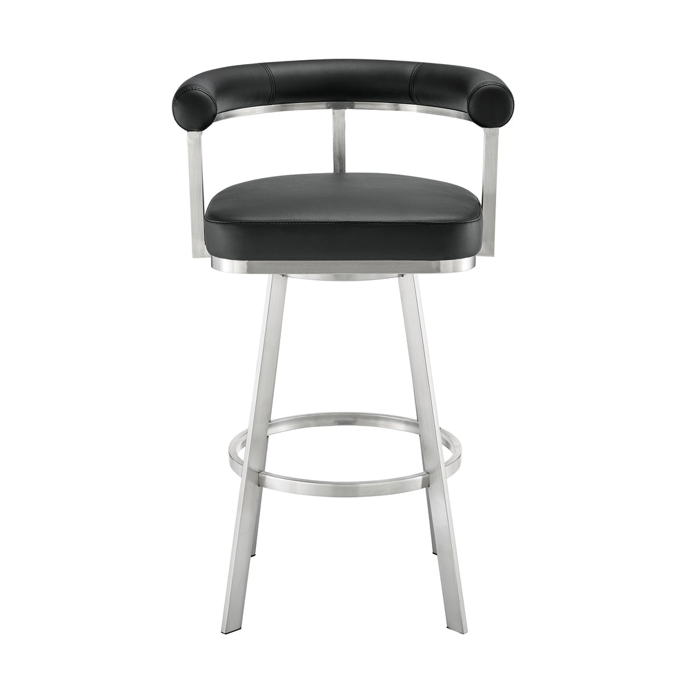 English Elm Pryden 30" Swivel Bar Stool Brushed Stainless & Black Faux Leather — 360° Swivel, Easy-Clean Comfort B2736P354321