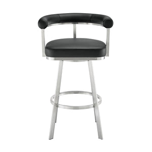 English Elm Pryden 30" Swivel Bar Stool Brushed Stainless & Black Faux Leather — 360° Swivel, Easy-Clean Comfort B2736P354321
