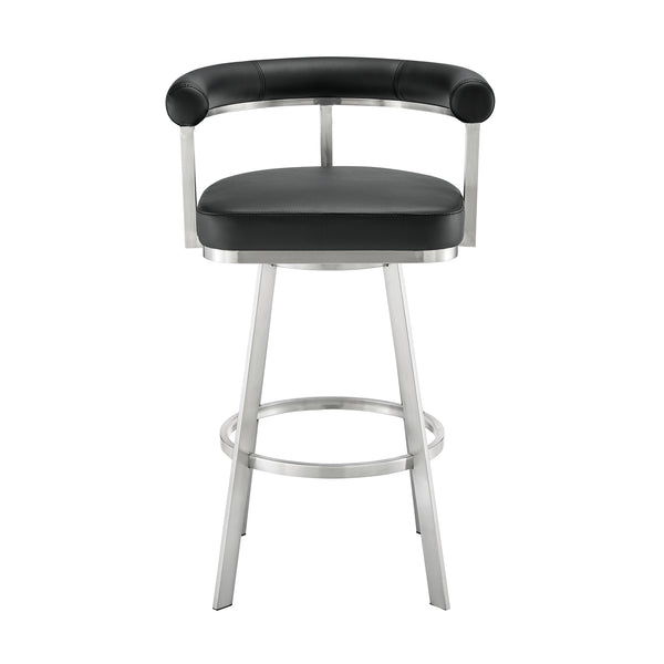 English Elm Pryden 30" Swivel Bar Stool Brushed Stainless & Black Faux Leather — 360° Swivel, Easy-Clean Comfort B2736P354321