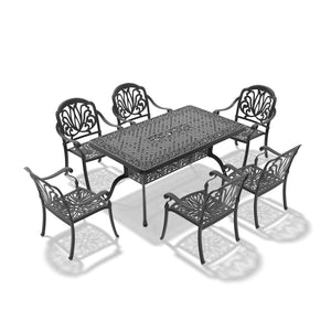 English Elm 7-piece Cast Aluminum Outdoor Dining Set with Floral Carved Detail and Brown Cushions W1710S00582