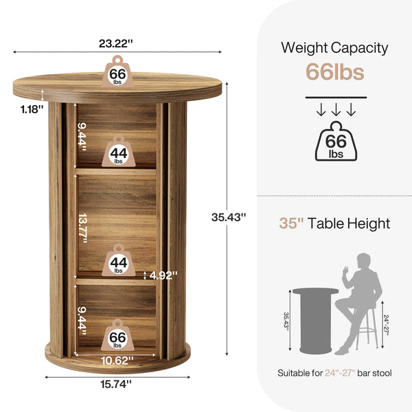 English Elm High Round Bar Table with Three Tier Storage Shelving Bistro Style Wood Grain Finish T3971P460673