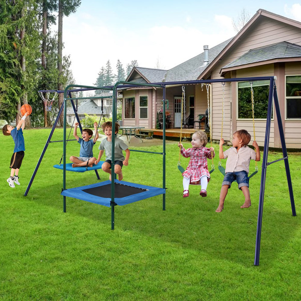 English Elm 4 in 1 Kids Outdoor Swing Set Steel A-frame with Trampoline and Basketball Rim W1408P367265