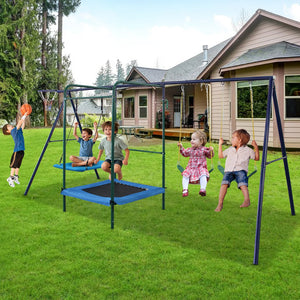 English Elm 4 in 1 Kids Outdoor Swing Set Steel A-frame with Trampoline and Basketball Rim W1408P367265