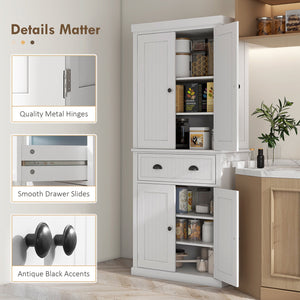 English Elm Homcom 72" Farmhouse Kitchen Pantry Cabinet With Adjustable Shelves, Drawer & Magnetic Doors, White W2225S00043