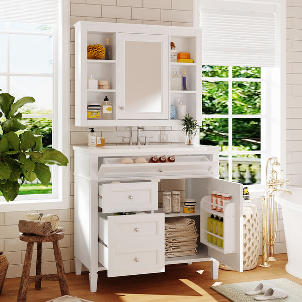 English Elm 36'' Modern Bathroom Vanity with Mirror Cabinet and Sink, Spacious Storage, Soft-Close Doors & Drawers White SW000134AAK-3