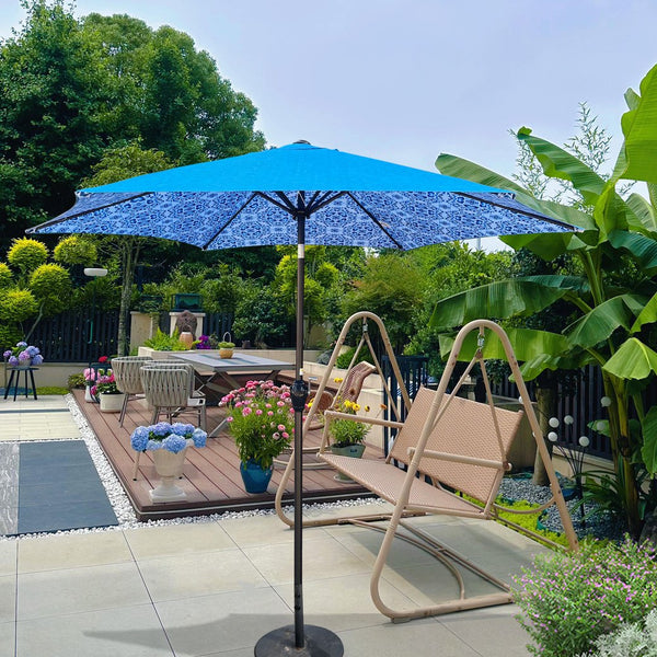 English Elm 9ft Outdoor Patio Umbrella Hexagonal Canopy Uv Resistant Tilt Vented Resort Style Pattern + Blue W656P242106