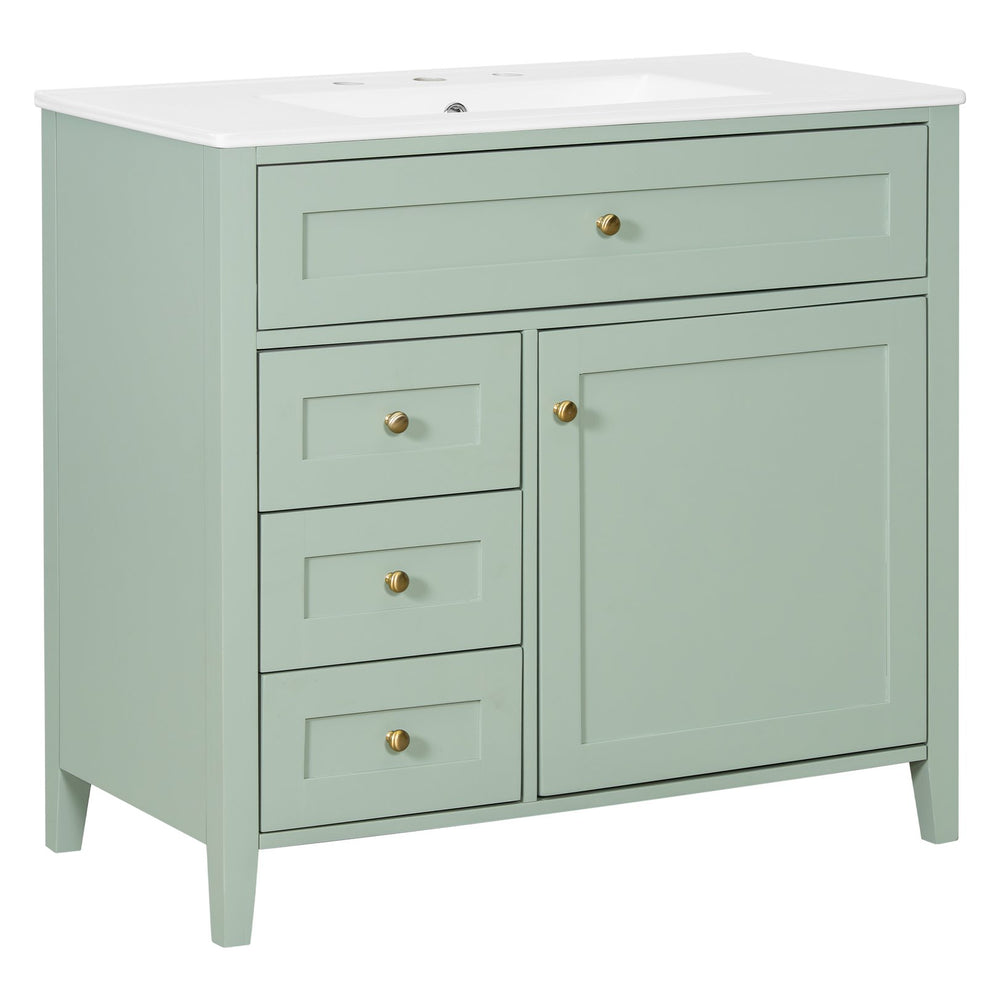 English Elm 36-Inch Green Bathroom Vanity With Sink - Modern Mdf & Rubberwood Freestanding Storage Solution N725P350821F