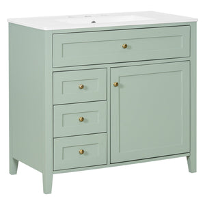 English Elm 36-Inch Green Bathroom Vanity With Sink - Modern Mdf & Rubberwood Freestanding Storage Solution N725P350821F