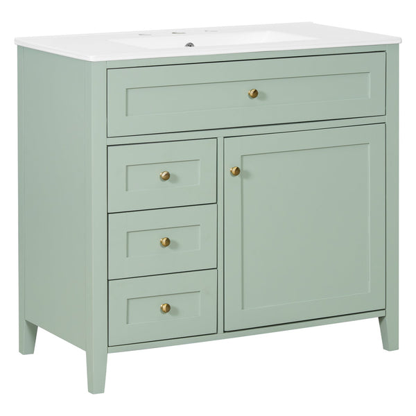 English Elm 36-Inch Green Bathroom Vanity With Sink - Modern Mdf & Rubberwood Freestanding Storage Solution N725P350821F