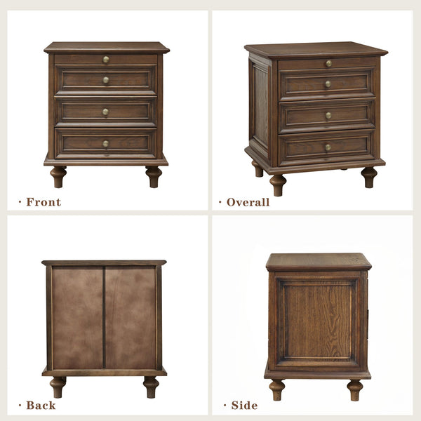 English Elm Farmhouse Nightstand Pine Wood Four Drawer Storage with Pull Out Tray Gourd Legs Walnut Brown W1716P399633