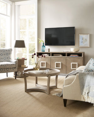 Hooker Furniture Affinity Round Cocktail Table — Wire-Brushed Greige Quartered Oak, Tray-Inset Top, Sculptural Angular Base 6050-80111-GRY