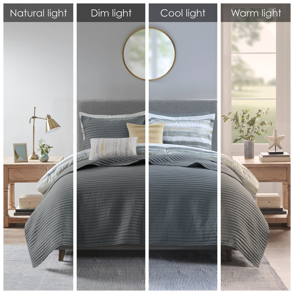 English Elm 8 Piece Printed Seersucker Comforter Set In Yellow & Gray - Stylish, Hypoallergenic King/Cal King Collection B03597255