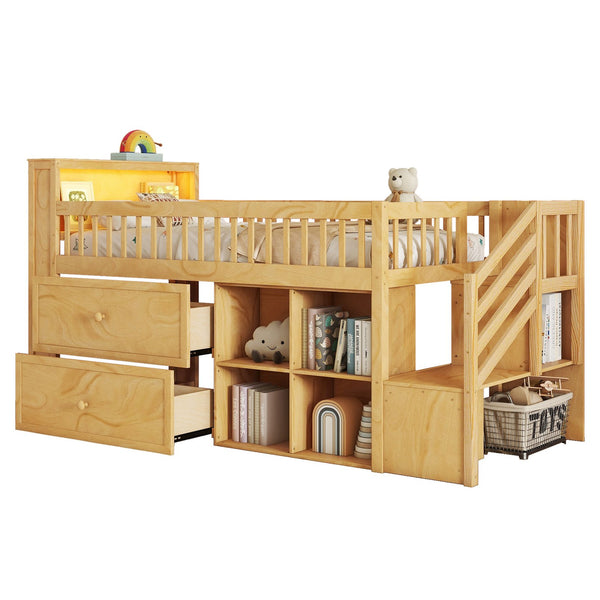 English Elm Twin Loft Bed with Built-In Stairs, Shelves, Hanging Rod & 2 Drawers for Space-Saving Kids Room Natural 45.87 L x 18.5 W x 10.83 H W2593S00005