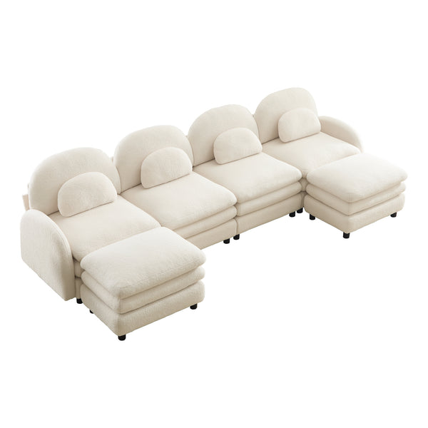 English Elm Teddy Fleece Curved Modular Sectional Sofa with Movable Ottomans for Cozy Living Rooms Beige White W5656S00089
