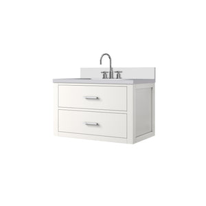 English Elm White 30 in Single Bath Vanity with White Quartz Top, Chrome Gooseneck Faucet, Soft-Close Drawers, Solid Wood Frame B2731P257945