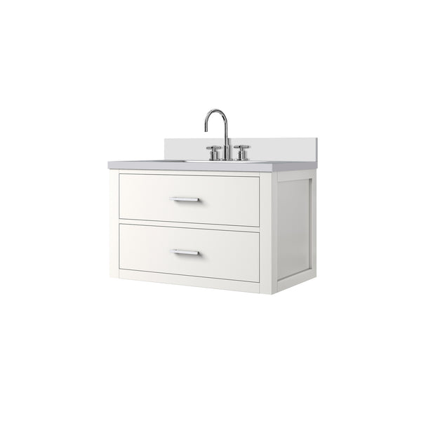 English Elm White 30 in Single Bath Vanity with White Quartz Top, Chrome Gooseneck Faucet, Soft-Close Drawers, Solid Wood Frame B2731P257945